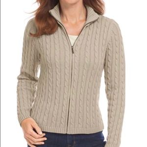 L L bean zipper front cable cardigan